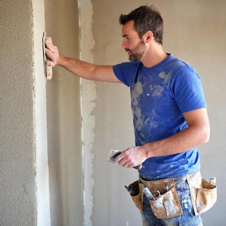 Putzarbeiten auf der Baustelle – BriqWerk Bauunternehmen Bochum Handwerker beim Verputzen einer Innenwand – BriqWerk Bauunternehmung Bochum