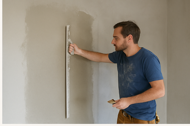 Sanierung mit Feingefühl und Erfahrung Handwerker verputzt Wand – Sanierungsarbeiten in Bochum von BriqWerk